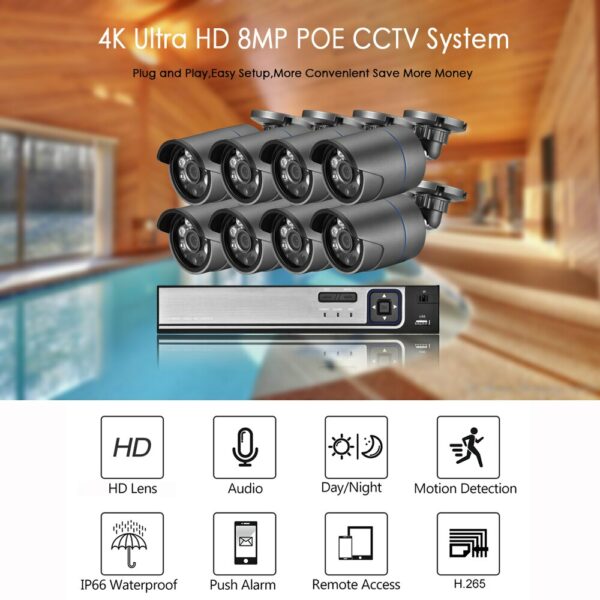 AZISHN 4K Ultra HD Surveillance Camera System 8MP H 265 POE NVR CCTV